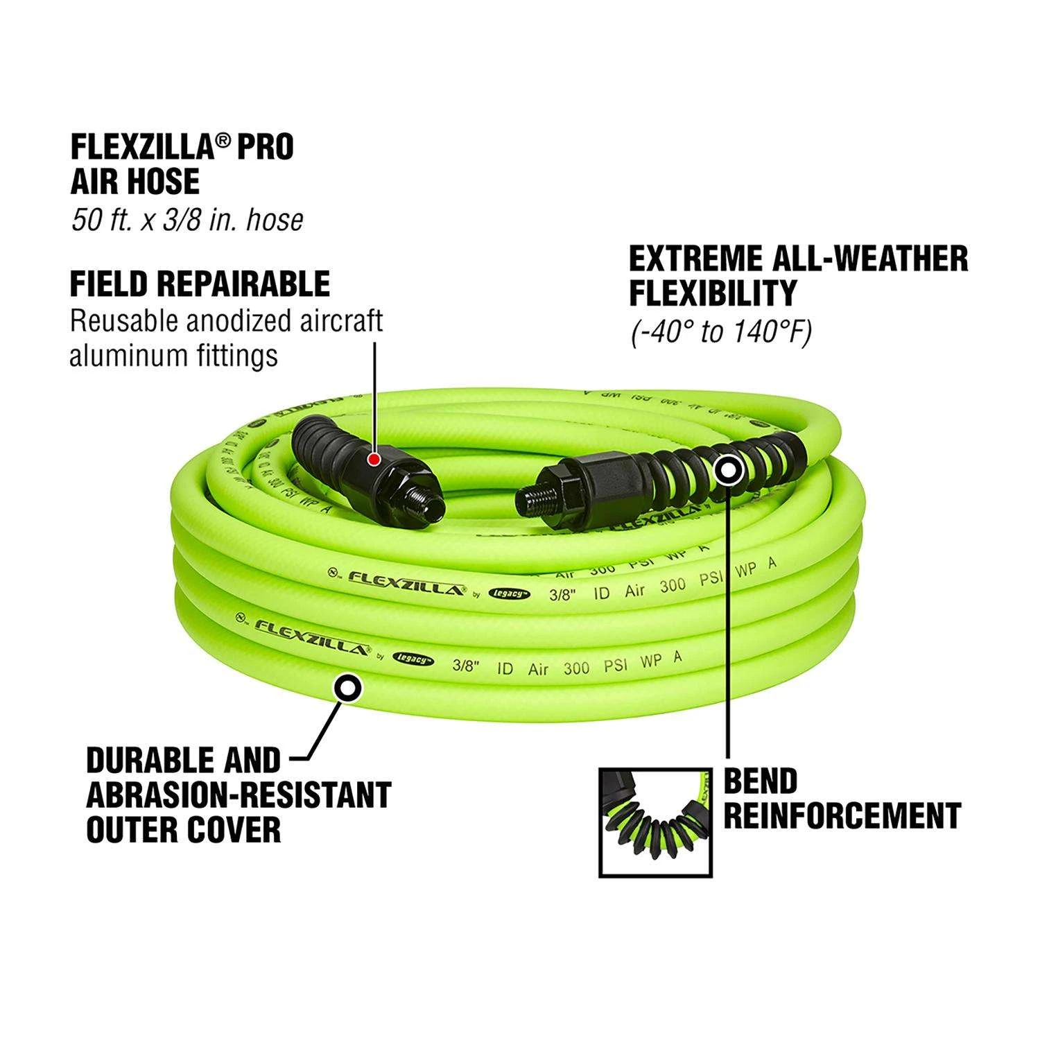 Flexzilla Pro 50 Ft. L X 3/8 In. D Hybrid Polymer Air Hose 300 Psi Zilla Green 5 Flexzilla Pro 50 Ft. L X 3/8 In. D Hybrid Polymer Air Hose 300 Psi Zilla Green - Image 3