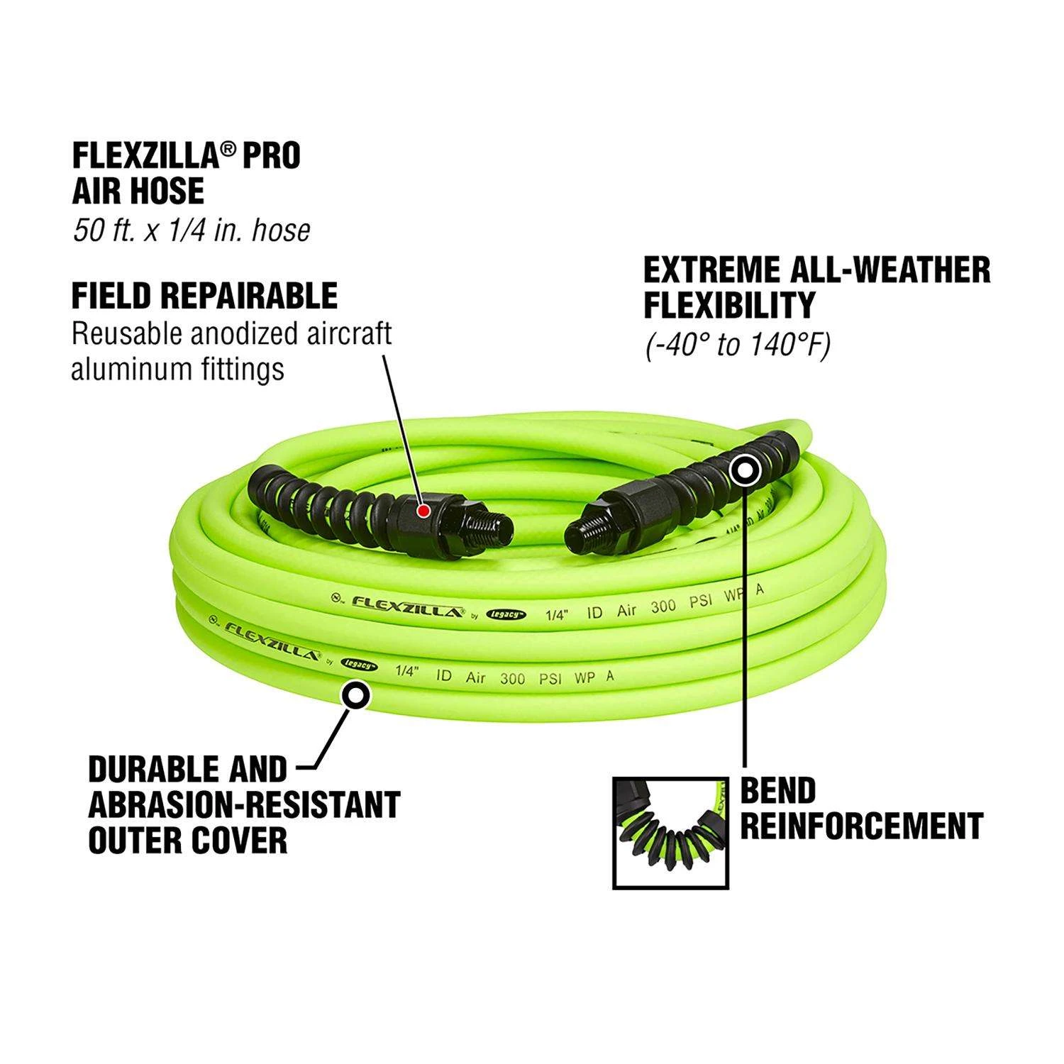 Flexzilla Pro 50 Ft. L X 1/4 In. D Hybrid Polymer Air Hose 300 Psi Zilla Green 5 Flexzilla Pro 50 Ft. L X 1/4 In. D Hybrid Polymer Air Hose 300 Psi Zilla Green - Image 3