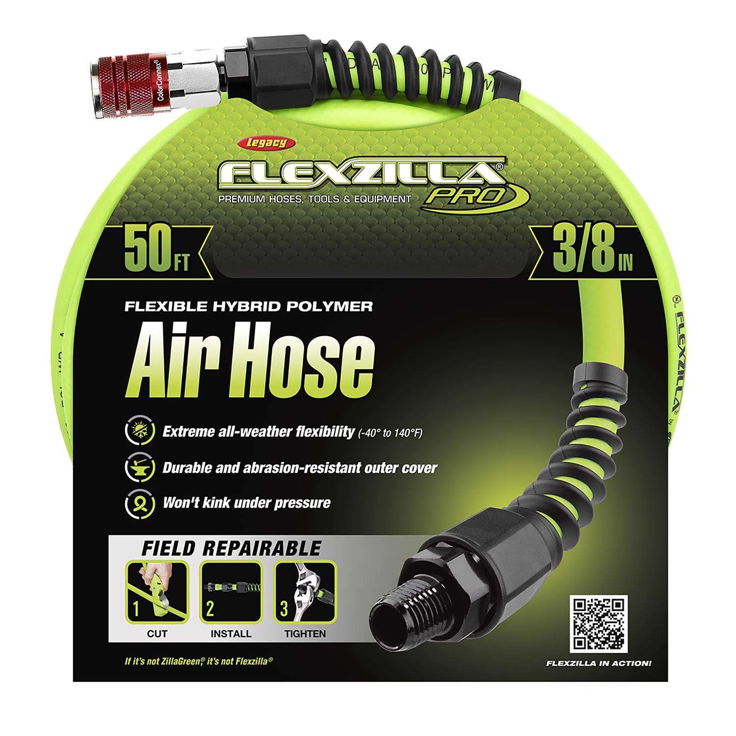 Flexzilla Pro 50 Ft. L X 3/8 In. D Hybrid Polymer Air Hose Kit 300 Psi Zilla Green 4 Flexzilla Pro 50 Ft. L X 3/8 In. D Hybrid Polymer Air Hose Kit 300 Psi Zilla Green - Image 2