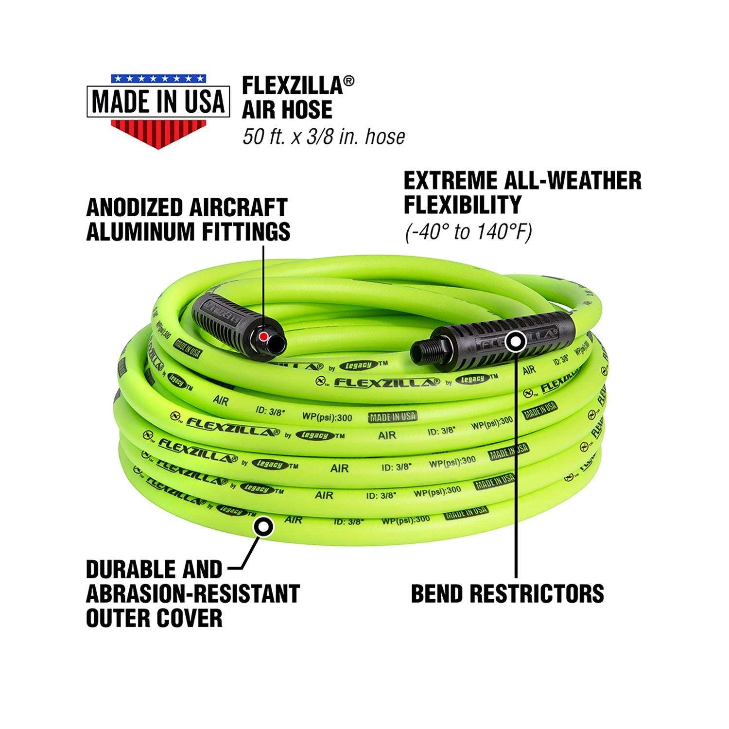 Flexzilla 50 Ft. L X 3/8 In. D Hybrid Polymer Air Hose 300 Psi Zilla Green 5 Flexzilla 50 Ft. L X 3/8 In. D Hybrid Polymer Air Hose 300 Psi Zilla Green - Image 3