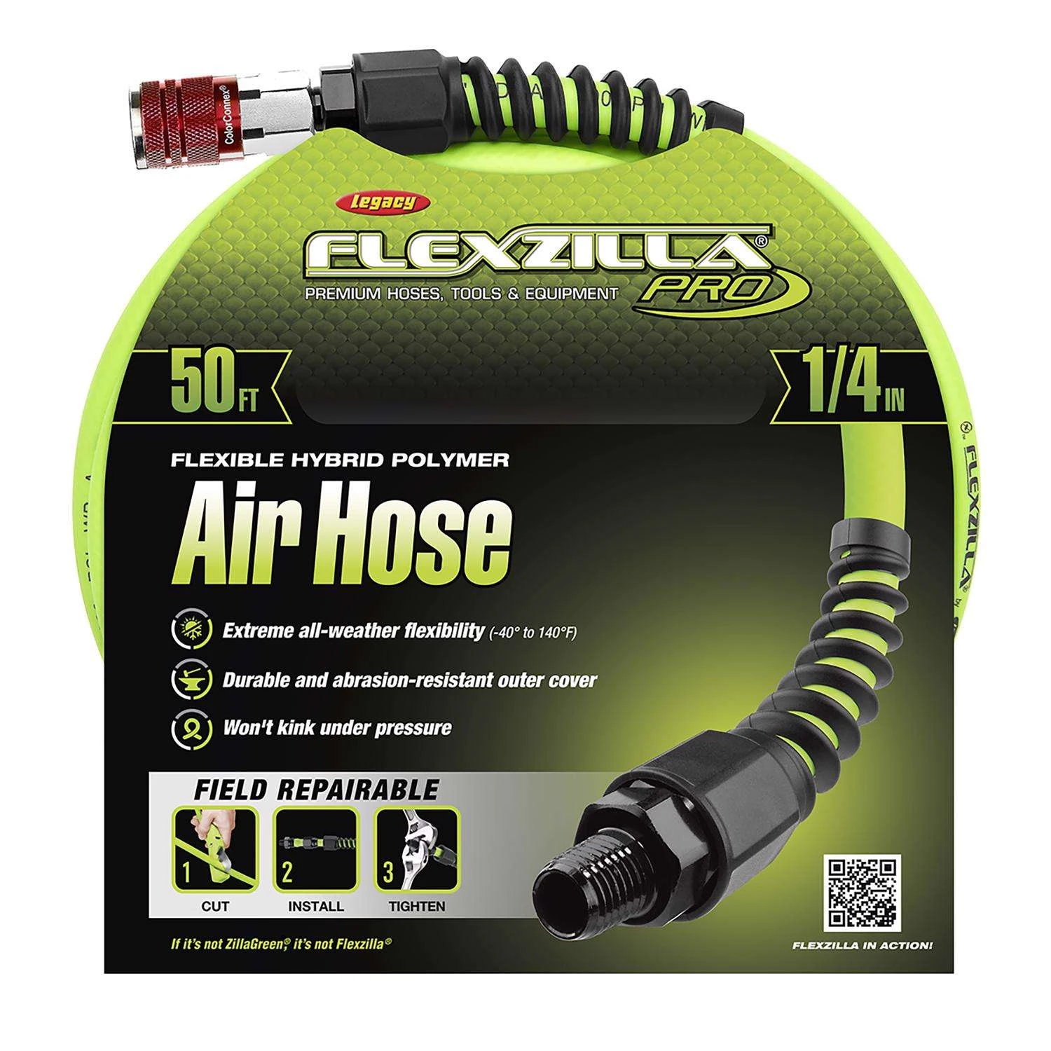 Flexzilla Pro 50 Ft. L X 1/4 In. D Hybrid Polymer Air Hose Kit 300 Psi Zilla Green 4 Flexzilla Pro 50 Ft. L X 1/4 In. D Hybrid Polymer Air Hose Kit 300 Psi Zilla Green - Image 2
