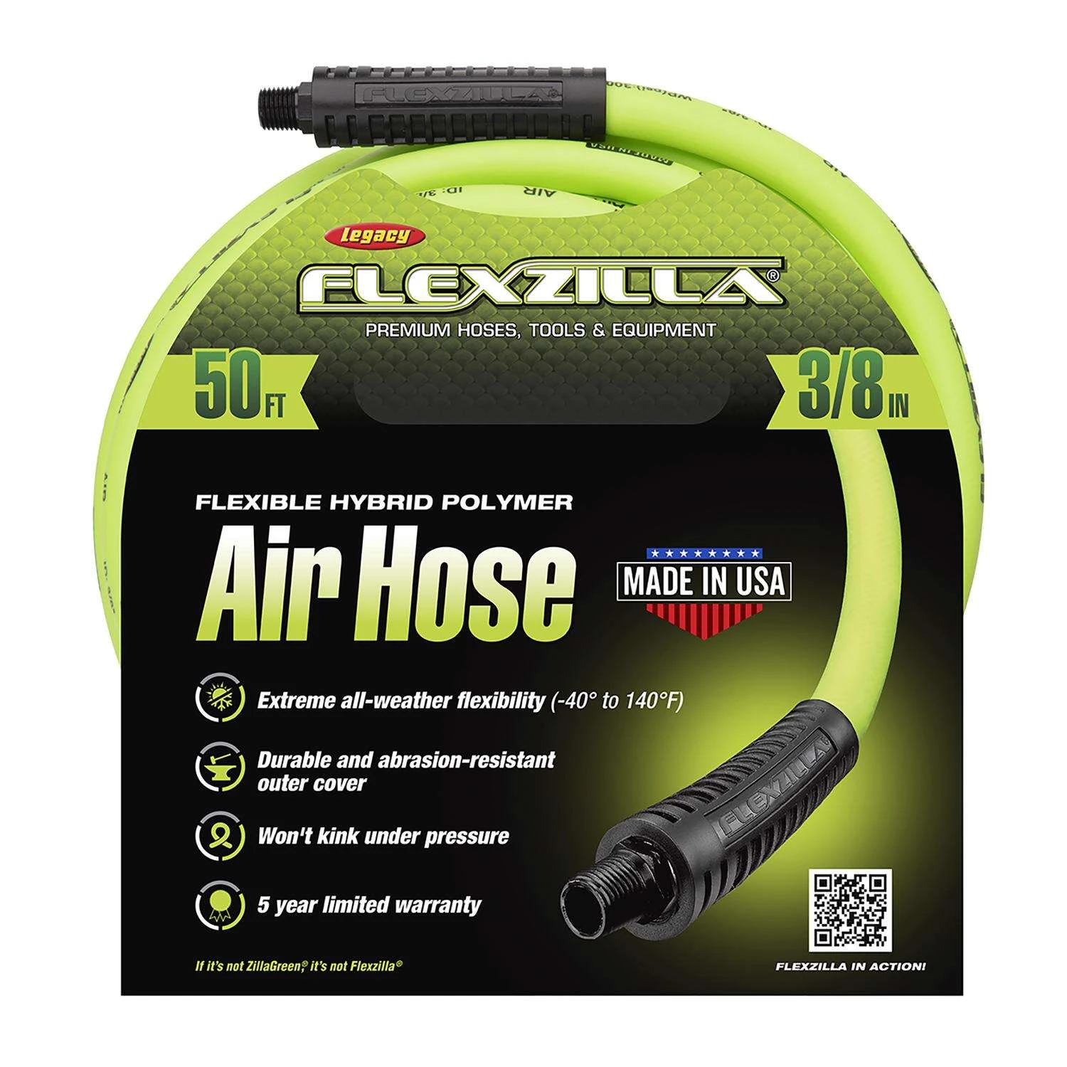 Flexzilla 50 Ft. L X 3/8 In. D Hybrid Polymer Air Hose 300 Psi Zilla Green 4 Flexzilla 50 Ft. L X 3/8 In. D Hybrid Polymer Air Hose 300 Psi Zilla Green - Image 2