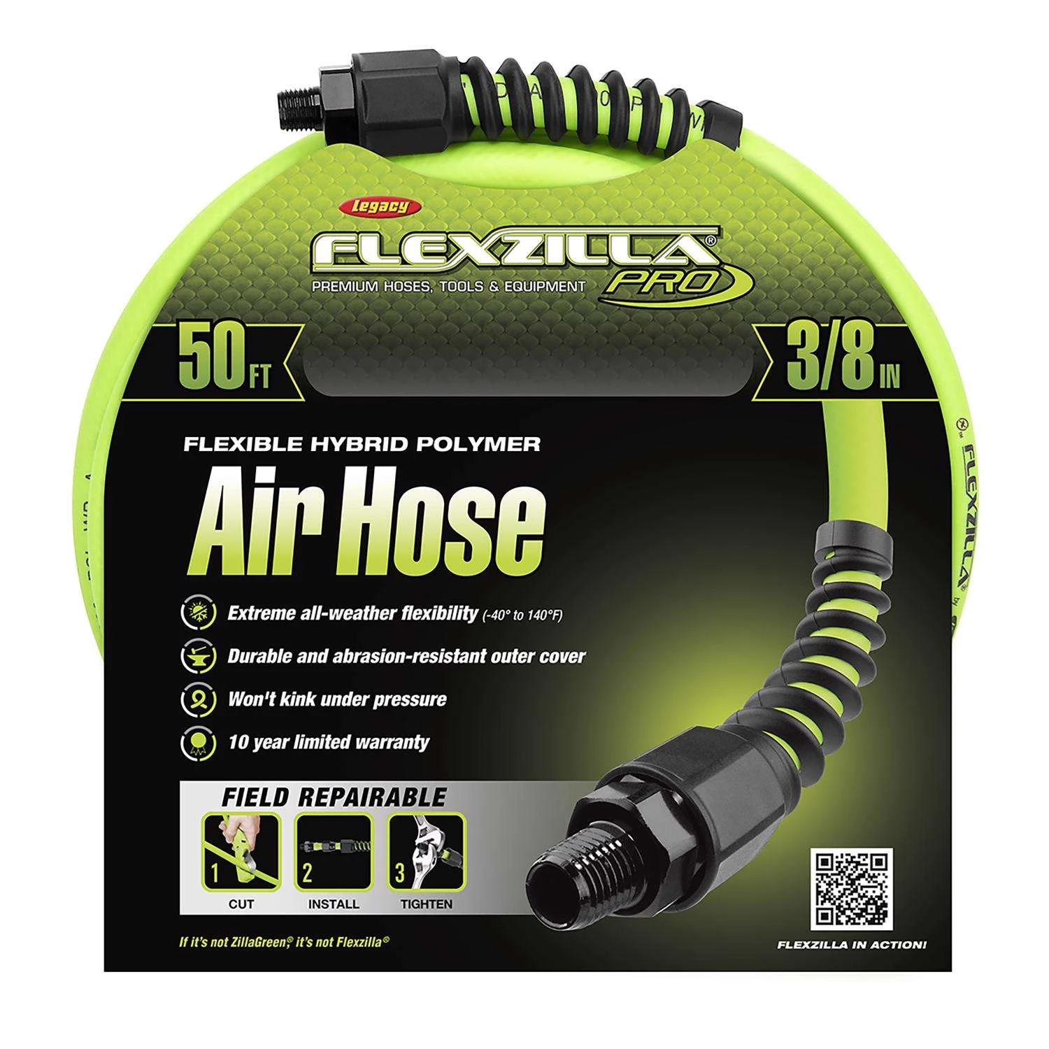 Flexzilla Pro 50 Ft. L X 3/8 In. D Hybrid Polymer Air Hose 300 Psi Zilla Green 4 Flexzilla Pro 50 Ft. L X 3/8 In. D Hybrid Polymer Air Hose 300 Psi Zilla Green - Image 2