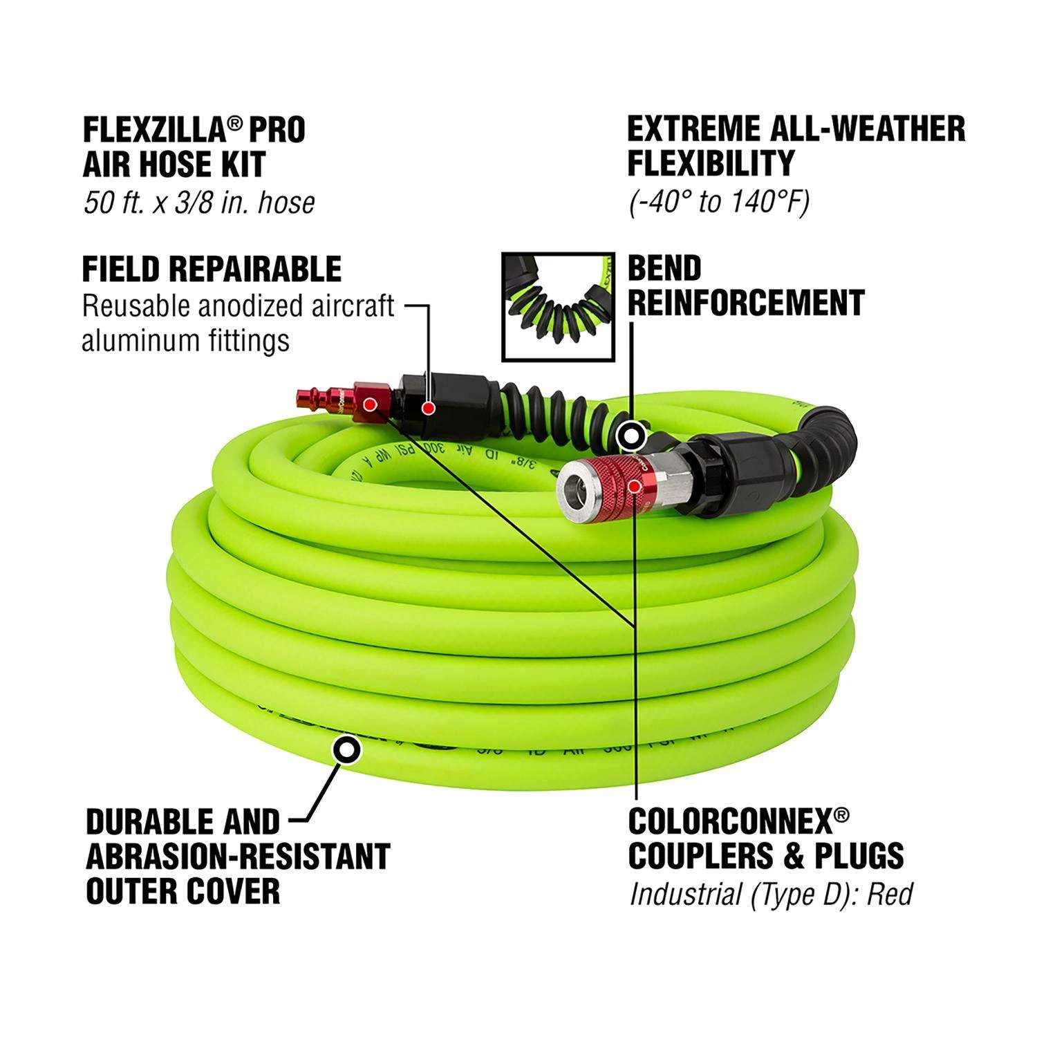 Flexzilla Pro 50 Ft. L X 3/8 In. D Hybrid Polymer Air Hose Kit 300 Psi Zilla Green 5 Flexzilla Pro 50 Ft. L X 3/8 In. D Hybrid Polymer Air Hose Kit 300 Psi Zilla Green - Image 3