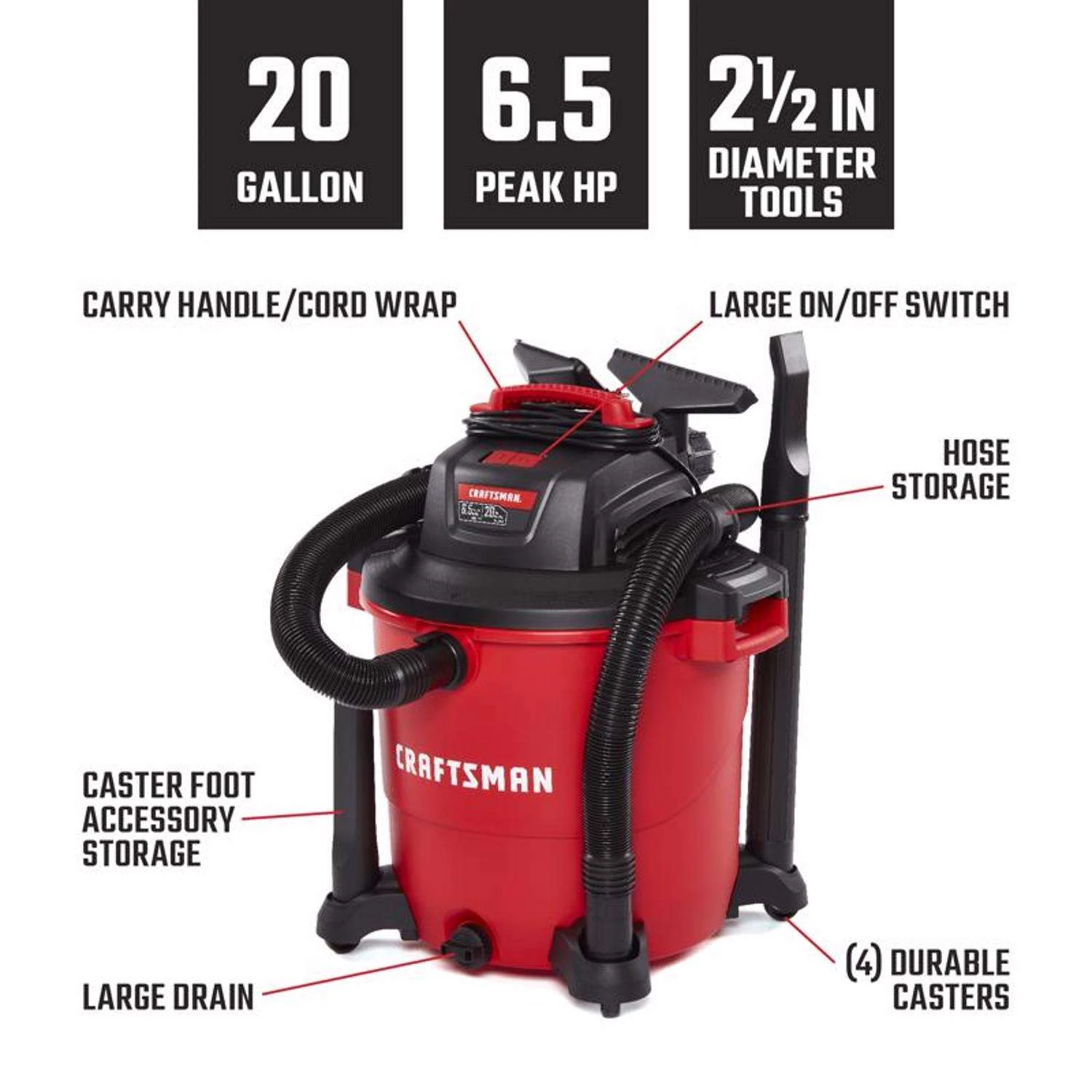 Craftsman 20 Gal Corded Wet/Dry Vacuum 12 Amps 120 V 6.5 HP 5 Craftsman 20 Gal Corded Wet/Dry Vacuum 12 Amps 120 V 6.5 HP - Image 3
